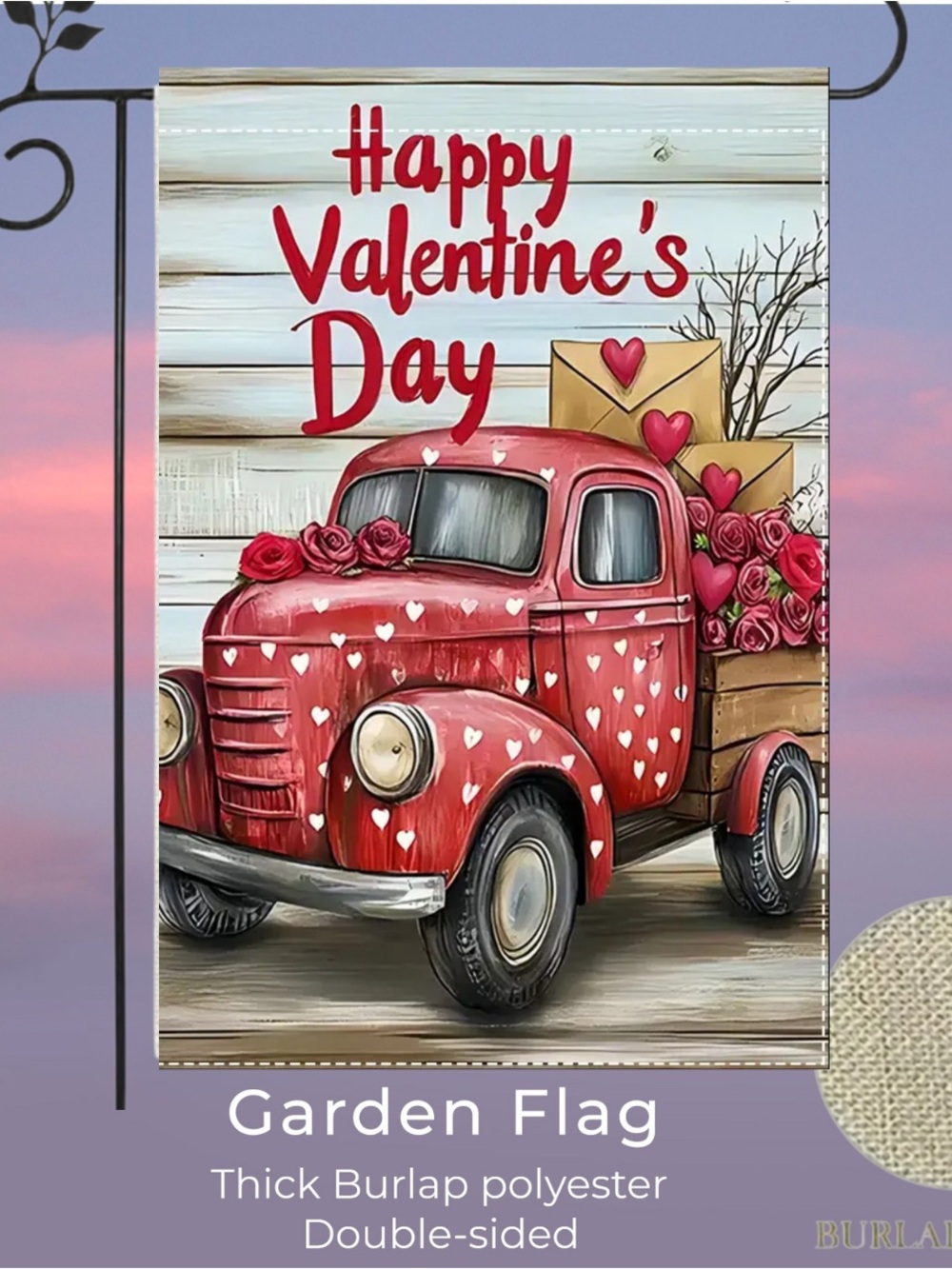 Valentine's Day Garden Flag, burlap polyester, double-sided, approx 12”x18”